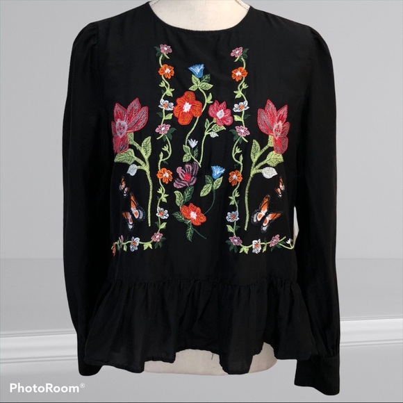 Zara  Black Floral Embroidered Blouse Top - Picture 5 of 5